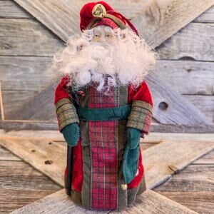 Traditional Christmas Santa Treetop/Tabletop-Embroidered Coat/Plaid Accents-10"H